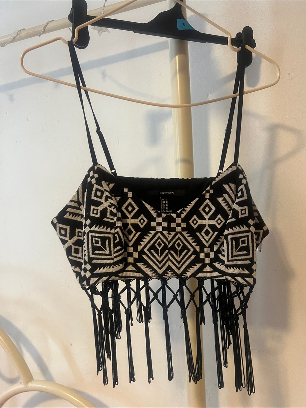 Forever 21 Black & White Aztec Fringe Crop Cami